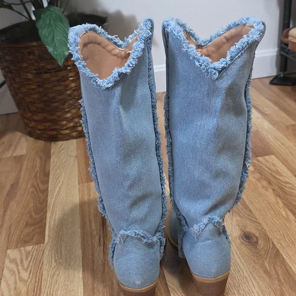 Frayed Denim Pullon Mid Calf Boots Womens 37 - Picture 3 of 7